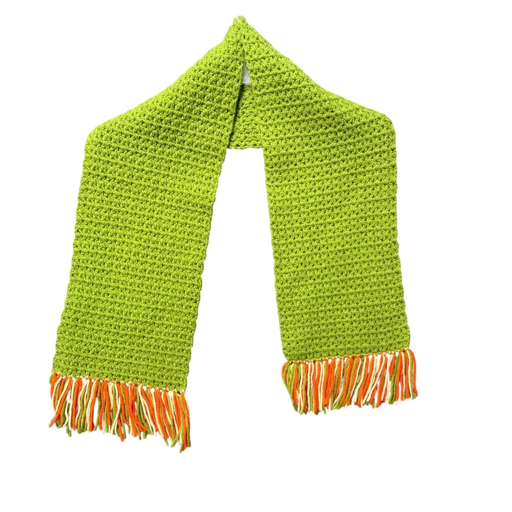 Vtg Handmade‎ Crochet Scarf Lime Green Orange Striped Retro Fringe Boho Hippie